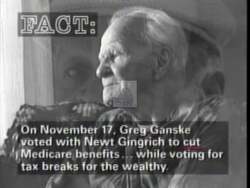 ["The 1996 political TV ad targeting Democratic candidate Greg Ganske highlighted his involvement in Medicare cuts, framing him negatively. Using somber, black-and-white visuals, it features concerned elderly individuals, stark text overlays about Ganske's voting record, and protest scenes. The ad portrays Ganske as out of touch with the needs of voters, especially the elderly."]