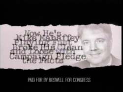 ["In the 1996 political TV ad for Democratic candidate Leonard Boswell, various scenes depict opponent Mike Mahaffey criticizing Boswell's fiscal policies. The ad contrasts this by questioning Mahaffey's honesty and highlighting Boswell's successful fiscal achievements and leadership in Congress, emphasizing Boswell's truthfulness and responsible fiscal record against Mahaffey's depicted deceitfulness."]