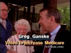 ["In a 1996 political TV ad for John Greg Ganske, his opponent Connie McBurney is shown admitting multiple times to making false claims about Ganske's Medicare voting record. The ad features scenes with McBurney, her supporters, and newspaper clippings highlighting her retraction, undermining her credibility while not offering her own Medicare plan."]
