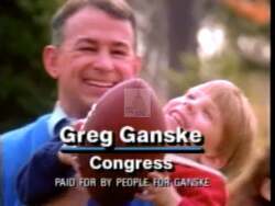 ["The 1996 political TV ad for John Greg Ganske's presidential campaign portrays him as a committed and focused leader. Featuring scenes of Ganske speaking passionately at a podium, striking a confident pose with his campaign slogan, and interacting against a patriotic backdrop, the ad emphasizes his leadership qualities and dedication to America."]