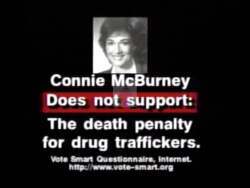["The 1996 political TV ad from John Greg Ganske's campaign predominantly critiques Connie McBurney's political stance and suitability for Congress. Through various scenes, the ad uses imagery and text to emphasize perceived risks and problems with McBurney's policies, adopting a critical and skeptical tone to question her legislative fitness."]