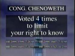 ["The 1996 political TV ad for Democratic candidate Nan Anti-Helen Chenoweth criticized her policies and voting record on environmental protection. The ad aimed to highlight Chenoweth's stance against environmental measures, positioning her as out of touch with progressive environmental conservation efforts. No additional visual or audio content is provided for further analysis."]