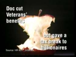 ["In the 1996 campaign ad for Rick Locke, Doc Hastings is portrayed negatively, described metaphorically as a rotten apple, symbolizing the detrimental aftermath of his Congressional votes. Scenes vividly illustrate his controversial budget cuts, his alignment with Newt Gingrich, and the impact on public services, healthcare, and jobs, accusing him of ignoring constituent needs and favoring the wealthy."]