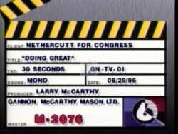 ["In his 1996 campaign ad, George R. Nethercutt Jr. prominently features heartfelt conversations with his recovering mother, focusing on his support and proposed enhancements for Medicare. The ad seeks to humanize Nethercutt by situating him as a caring son discussing healthcare improvements, emphasizing his commitment to Medicare benefits in Congress."]