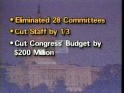["In his 1996 campaign ad, George R. Nethercutt is shown confidently addressing Congress from a podium, emphasizing the significant governmental reforms and financial savings he has implemented. The ad underscores his commitment to transparency, reforming Congress, and implementing budget cuts, presenting Nethercutt as a decisive and accomplished legislator."]