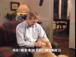 ["In a 1996 campaign ad, George R. Nethercutt humorously scolds his dog, Chestnut, while discussing the challenges of misleading political advertisements. He combines a light-hearted interaction with his mischievous dog with serious commentary on political interference and attacks by out-of-state groups, aiming to appear relatable and authentic to viewers."]