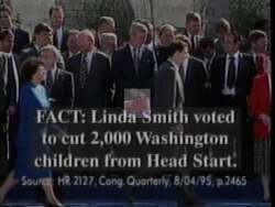 ["The 1996 political TV ad for Democratic candidate Brian Baird harshly targets Republican Congresswoman Linda Smith, critiquing her voting record and PAC funding. Through disapproving visuals and text overlays, the ad accuses Smith of deceitful practices and harmful legislative decisions, aiming to sway voter perception against her."]