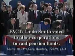 ["In the 1996 political ad for Democratic candidate Brian Baird, various frames criticize Republican Congresswoman Linda Smiths legislative decisions, highlighting her controversial voting record and financial contributions. The ad features intense debate scenes, factual presentations, and critical captions, accompanied by somber background music, aiming to question Smith's political integrity."]