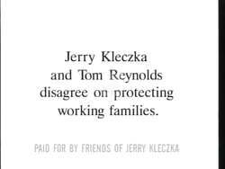 ["In the 1996 presidential campaign ad, Democratic candidate Jerry Kleczka championed retiree health benefits, positioning himself against Tom Reynolds, who opposed company-provided health insurance. The ad portrayed Kleczka as a passionate advocate for retirees, frequently seen speaking vigorously at podiums, emphasizing support for working families and critiquing Reynolds' contrary stance."]