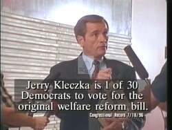 ["The 1996 campaign ad for Democratic candidate Jerry Kleczka highlights his leadership in Congress, specifically focusing on his support for welfare reform. Kleczka is portrayed as a champion of self-reliance and accountability, emphasizing bipartisan cooperation and responsible, time-limited support. Scenes in Congress and at podiums showcase him as a decisive, confident leader."]