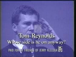 ["In a 1996 political TV ad, Democratic candidate Jerry Kleczka targeted opponent Tom Reynolds for his controversial stances on key issues. The ad portrayed Reynolds repeatedly speaking against raising the minimum wage and capping Social Security benefits, alongside his support for repealing the assault weapon ban, questioning his alignment with societal values."]