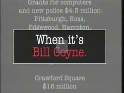 ["In the 1996 campaign ad for Democrat Bill Coyne, the scenes portray him as a decisive and effective leader. Emphasizing action over rhetoric, Coyne is shown addressing groups and working diligently. Throughout, his competency and focus on tangible achievements in Congress are underscored, aligning with the campaigns highlighted slogan."]