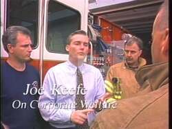["In the 1996 political TV ad, Democratic presidential candidate Joe Keefe passionately advocates for economic reform, emphasizing the importance of prioritizing domestic job growth, ending corporate welfare, and supporting local businesses and workers. He calls for tax reforms benefiting the middle class and local industries, while firmly opposing overseas job outsourcing."]