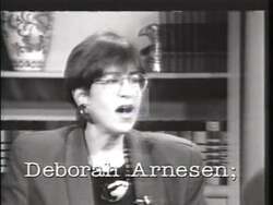 ["In the 1996 political TV ad for Republican Charles Foster Bass, Debra Arneson is portrayed negatively as an ultra-liberal. The ad criticizes her for advocating high taxes and excessive spending, which it argues would negatively impact New Hampshire. Throughout various scenes, Arneson is shown speaking at a podium and in an office, with strong visual and textual elements highlighting her stance on taxes and spending. The ad aims to emphasize her opposition to bipartisan welfare reform and positions Bass as the conservative counter"]