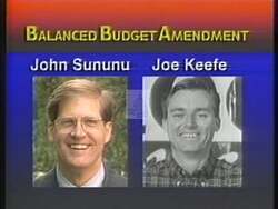 ["In his 1996 presidential campaign ad, Republican John Edward Sununu directly addresses the camera, promoting key policies such as implementing term limits, ensuring a balanced budget, and advocating against tax increases. He emphasizes fiscal responsibility and limited government, appealing to voters with his confident portrayal of political conservatism."]