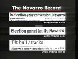 ["In the 1996 ad for Brian Phillip Bilbray, Peter Navarro is depicted as troubled, with Ed Asner and lobbyists repeatedly overshadowing him amidst various political controversies. Scenes depict Navarro flanked by anxious supporters and facing negative fallout, while Bilbray's campaign leverages these controversies to cast doubts on Navarro's suitability for office."]