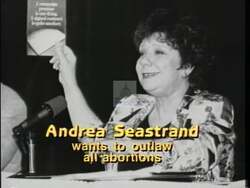 ["The 1996 political TV ad by Democratic Party candidate Walter H. Capps targets his opponent, Andrea Seastrand, depicting her as dangerously extreme. The ad features numerous frames labeling her positions on abortion, guns, and education as overly radical. Each scene criticizes her alignment with anti-abortion and pro-gun lobbies, contrasting these stances against the need for educational funding, culminating in the dramatic assertion that Andrea Seastrand is \"Too Extreme for the Central Coast.\""]