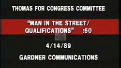 ["In the 1989 political TV ad for Republican Party candidate Craig Lyle Thomas, a man in a cowboy hat discusses the qualifications of political candidates, presenting a sincere evaluation. In another scene, the same man appears in a debate setting, expressing disapproval or concern about political issues."]
