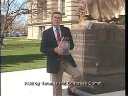 ["In a 1989 political ad, Republican Party candidate Craig Lyle Thomas emphasizes his commitment to job creation and protection in Wyoming. The ad features various scenes with Thomas speaking confidently in legislative settings and at rural gatherings, showcasing his \"13-Point Plan\" to stimulate economic growth and safeguard local employment, affirming his dedication through assertive gestures and serious demeanor in front of enthusiastic audiences."]