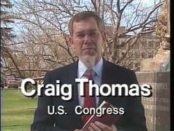 ["In his 1989 presidential campaign ad, Republican Craig Lyle Thomas passionately outlines his job-focused initiatives. Speaking across various formal and scenic settings of Wyoming, he emphasizes protecting jobs in agriculture, energy, and tourism sectors. The ad underscores Thomas's dedication to bolstering local employment, showcasing his determination and commitment to Wyoming's future."]