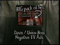 ["The 1996 TV ad from Republican Jon Lynn Christensen accused his opponent, James Martin Davis, of hiding behind union bosses to avoid clear standings on fiscal conservatism and balanced budgets. It visually depicted Davis obscured by union leaders, suggesting evasion in directly addressing voter concerns and displaying a lack of transparency."]