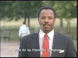 ["In his 1990 presidential campaign ad, Republican candidate Gary Franks confidently addresses various audiences, emphasizing his humble beginnings, determination, and leadership qualities. Scenes include him speaking at a podium, against a backdrop of the American flag, and in professional settings, all while surrounded by campaign imagery, conveying his commitment to public service and success."]