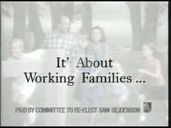 ["The 1994 political ad for Democratic Party candidate Sam Gatenson showcases his commitment to labor, families, and education. In various scenes, Gatenson is portrayed positively interacting with diverse groups, contrasting his engaged, supportive approach with his opponent Ed Munster's indifference. Emphasizing community and family values, the ad aims to present Gatenson as a trustworthy and people-focused candidate."]