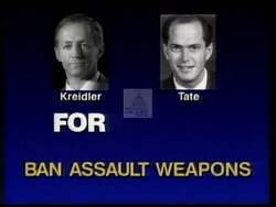 ["In a 1994 campaign ad, Democratic candidate Mike Kreidler emphasizes his advocacy for stricter gun control and women's rights. The ad features Kreidler in various settings, including debates and speeches, where he presents a confident image and highlights his key political stances, specifically his support for assault weapon bans and proactive safety measures."]