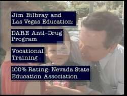 ["In the 1994 presidential campaign ad, Democratic candidate Jim Bilbray advocates for the improvement of Clark County schools. Filmed in various educational settings, Bilbray passionately addresses crowds, contrasting his educational funding and development policies with opponent John Ensign's, while surrounded by supportive banners and engaged audiences."]