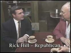 ["The 1996 political TV ad for Republican candidate Rick Hill showcases his leadership qualities and political achievements. Various scenes depict Hill speaking confidently at different events, emphasizing his conservative values, economic accomplishments, and patriotic undertones. The ad aims to present Hill as a determined, approachable leader with a strong business acumen, resonating with American voters through his optimistic and confident demeanor."]