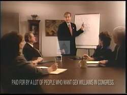 ["In a compelling 1998 political TV ad, Republican candidate Jay (Gex) Williams promotes his dedication to tax reform and education improvements. Throughout various scenes, Williams confidently addresses enthusiastic crowds from podiums, advocating passionately for his policies, amidst the backdrop of campaign banners and cheering supporters in Kentucky."]