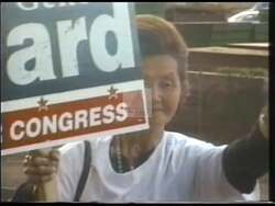 ["The 1998 Gene Ward presidential campaign ad depicts a series of distressing scenes across Hawaii, showing abandoned beaches, closed businesses, and financially distressed families, all under gloomy skies. Ward is portrayed as a beacon of hope, confidently addressing crowds and promising economic revival, highlighting his leadership as the solution to local struggles."]