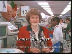 ["In the 1998 political TV ad, Democratic candidate Louise McIntosh Slaughter is depicted interacting warmly with constituents in various grocery store settings, emphasizing her strong community connections and significant legislative accomplishments. She is affectionately addressed as \"Louise\" and portrayed as a dedicated, community-focused lawmaker committed to impactful legislation and community care."]