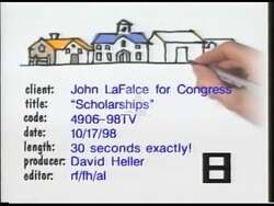 ["In his 1998 presidential campaign ad, John Joseph LaFalce defends his scholarship fundraising initiatives against Chris Collins' misleading attacks. LaFalce highlights his active role in creating scholarship opportunities for students and refutes Collins' false allegations through a series of direct addresses and imagery showcasing his interaction with students and factual rebuttals at a podium. The ad portrays LaFalce positively while dismissing Collins' accusations as dishonest."]