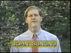 ["In his 1996 presidential campaign ad, Republican candidate John Edward Sununu passionately promotes his dedication to comprehensive government, tax, and education reform. He speaks directly to the camera across various settings, consistently advocating for policies aimed at empowering local communities and ensuring transparency. Sununu emphasizes his commitment to New Hampshire voters, pledging significant changes to benefit local populations."]