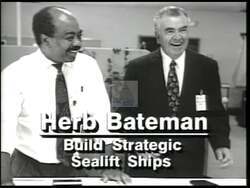 ["In his 1992 campaign ad, Republican Herb Bateman emphasized his commitment to military jobs and bases, particularly in Newport News, Virginia. Standing confidently at various podiums, he positioned himself as a dedicated advocate for military infrastructure and job security, frequently surrounded by patriotic and shipbuilding imagery, showcasing his resolve to preserve military and carrier jobs."]