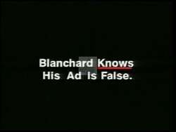 ["In a 1994 ad for Matt Salmon's presidential campaign, scenes portray opponent Chuck Blanchard negatively, labeling his accusations as deceptive. The ad extensively counters Blanchard���������s claims about gun laws and other issues, using text overlays and serious imagery of both politicians to correct and refute the misinformation presented by Blanchard."]