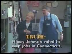 ["In the 1998 campaign ad, Republican Nancy Johnson critiques her opponent Charlotte Koskoff, emphasizing their contrasting policies on job retention and economic measures. The ad features scenes that counter Koskoff's claims, contrasting negative portrayals of Koskoff���������s policies with positive images and testimonies about Johnson���������s record, culminating in a direct address by Johnson from a factory setting."]