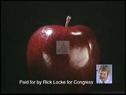 ["In the 1996 political TV ad, Democratic candidate Rick Locke criticizes opponent Doc Hastings, depicting him metaphorically as a rotting apple. The ad visually and dramatically portrays Hastings as making severe cuts to Medicare, jobs, and police funding, aligning with wealthy interests, and engaging in policies harmful to public services, symbolized by him maliciously biting into an apple."]