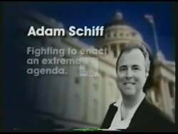 ["In the 2000 political TV ad for Jim Rogan's campaign, Adam Schiff is depicted negatively across various scenes. The ad shows Schiff campaigning and speaking in legislative settings, with overlays of controversial headlines and critical text about his actions, emphasizing his alleged fiscal waste and extreme policies using public funds."]
