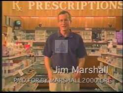 ["In the 2000 campaign ad for Democratic candidate Jim Marshall, he fervently addresses the issue of expensive medications in America. Throughout the ad, Marshall is seen passionately advocating for lower medication prices at numerous speaking engagements. He emphasizes his commitment to making life-saving drugs more affordable, portraying himself as a dedicated fighter against the high costs burdening citizens, backed visually by images of costly pharmaceuticals juxtaposed with the U.S. flag."]