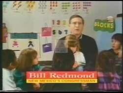 ["In the 1998 campaign ad, Republican candidate Bill Redmond earnestly discusses his achievements for New Mexico's 3rd Congressional District, countering misinformation and outlining his efforts in social security funding, education, and job creation. Throughout the ad, he makes a respectful appeal for re-election support, emphasizing his dedication to district improvements."]