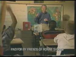 ["In his 1998 presidential campaign ad, Democratic candidate Ronnie Shows emphasizes his dedication to educational reform. The ad features multiple scenes of Shows in classroom settings, engaging with students and discussing policies. He is portrayed as confident and committed, with visuals reinforcing his focus on improving education and discipline."]
