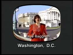 ["In a political TV ad from 1992, Faye Baggiano passionately disputes George Wallace Jr.'s claims about job creation in Alabama. Featuring multiple scenes of Baggiano speaking at Capitol Hill and on various TV shows in Washington, she earnestly criticizes and refutes Wallace's assertions, emphasizing the issues in his job creation record."]