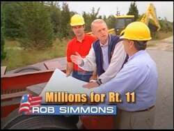 ["In the 2004 campaign ad, Republican Congressman Rob Simmons confidently addresses the camera across various professional settings, emphasizing his legislative achievements and financial contributions. The ad showcases scenes of him speaking both at a podium and in an office environment, underlining his accomplishments and ongoing commitments while endorsing his own message."]