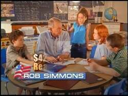 ["In the 2004 political TV ad, Congressman Rob Simmons, a Republican candidate, focuses heavily on his track record in national security and district accomplishments. He contrasts his achievements with opponent Jimmy Sullivan's alleged inadequacies. Demonstrating a strong, confident demeanor, Simmons showcases his dedication to military safety, infrastructure development, and strong leadership throughout the ad, urging viewers to appreciate his proactive legislative and supportive actions in service to his constituents and the nation."]