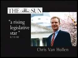 ["The 2002 campaign ad for Democratic Party candidate Christopher Van Hollen showcases his dedication to education and environmental protection. In various scenes, he speaks enthusiastically about his legislative initiatives, addressing multiple attentive and supportive audiences. His leadership qualities are highlighted as he passionately advocates for impactful government actions."]