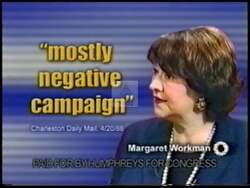["In the 2002 presidential campaign ad, Jim Humphreys is portrayed positively, emphasizing his plans for educational and healthcare improvements, along with a community-focused agenda. The ad strongly contrasts this with negative portrayals of Margaret Workman, focusing on her credibility issues and unfavorable campaigning tactics, suggesting Humphreys as a hopeful alternative for positive change."]