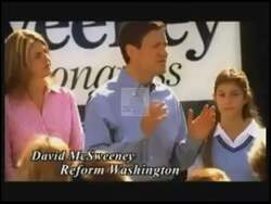 ["In the 2006 campaign ad, Republican candidate David McSweeney emphasizes his commitment to reform and accountability in Congress. The ad features McSweeney speaking sternly and confidently, directly addressing the camera, and criticizing opponent Melissa Bean's record and credibility. Highlighted by a backdrop of the American flag, McSweeney underscores the need for honesty and accountability in government, positioning himself as a staunch advocate against dishonesty and inefficient governance in contrast to Bean's alleged shortcomings."]
