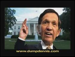 ["In the 2006 political TV ad for Republican Mike Dovilla, various scenes depict Democrat Dennis Kucinich as neglectful of his Congressional duties during his 2004 presidential bid. Highlighting his low voter support and missed votes, the ad criticizes Kucinich���������s disconnect from constituents and portrays him as inattentive and politically diminished."]